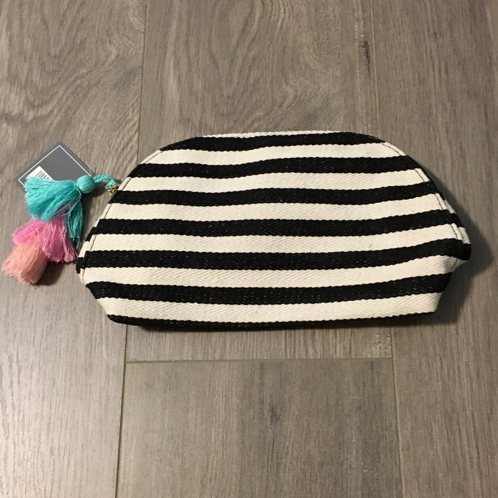 New Ulta Striped Woven Cosmetic Bag Case with Pink & Blue Tassles